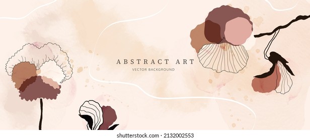 Autumn floral and botanical line art pattern background. Abstract earth tone watercolor texture wallpaper with cotton flowers. Art design perfect for wall art, banner, wedding, invitation and decor.