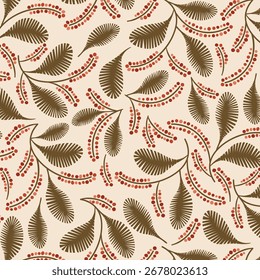 Patrón inconsútil botánico floral del otoño con las hojas marrones y las bayas rojas en fondo beige