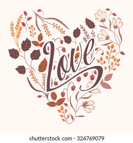 Autumn floral card. Fall autumn leaves in the shape of heart. Nature symbol vector collection.