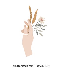 Autumn floral composition. Hand with fall flower and ears bouquet. Vector illustration. Decorative elements isolated on white background. Flat style. For manicure, jewelry store, cosmetics, beauty.