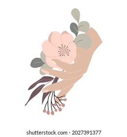 Autumn floral composition. Hand with fall flowers bouquet. Vector illustration. Decorative elements isolated on white background. Flat style. For manicure, jewelry store, cosmetics, beauty.