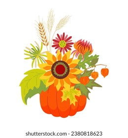 Autumn floral composition with pumpkin. Vector isolated color illustration