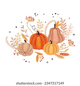 Autumn floral composition with pumpkins.Ripe fruits,twigs with red berries,ears and leaves.Colorful plants as a symbol of the harvest.Vector cartoon flat illustration isolated on white background.