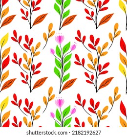 Autumn floral decorative seamless pattern with floral elements and several kinds of leaves. Decorative background design