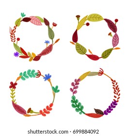 Autumn floral frame banner herbal backdrop colorful leaves  background with place for text. Pencil crayon drawing. Vector illustration.