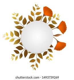 Autumn floral frame with brown sprigs and flowers in circle on white background. Trend color illustration with branches. Template design for invitation, poster, card. Holiday card or congratulation. 