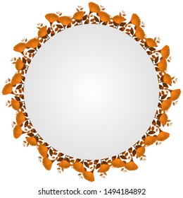 Autumn floral frame with brown sprigs and flowers in circle on white background. Trend color illustration with branches. Template design for invitation, poster, card. Holiday card or congratulation. 