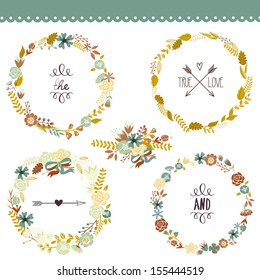 Autumn Floral Frame Collection. Set of cute retro flowers arranged un a shape of the wreath perfect for wedding invitations and birthday cards 