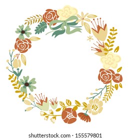 Autumn Floral Frame Collection. Set of cute retro flowers arranged un a shape of the wreath perfect for wedding invitations and birthday cards 