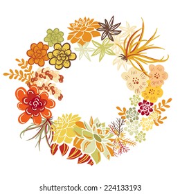 Autumn Floral Frame. Cute succulents arranged un a shape of the wreath perfect for wedding invitations and birthday cards 