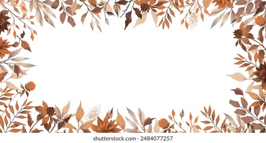 Autumn floral frame. Elegant pattern with beautiful watercolor leaves, branches and flowers. Vector design for Fall season decoration, Thanksgiving, Harvest Day, card and invitation