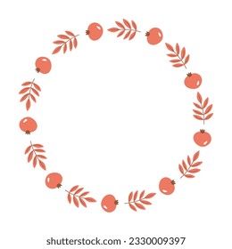 Marco floral otoñal.  Decoración temática de otoño. Marco redondo con plantas, hojas, bayas de color rojo otoño. Ilustración vectorial sobre fondo blanco.