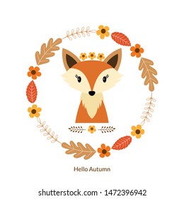 Autumn Floral Frame with a fox. Autumn Banner. Vector card. Illustration Vector