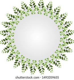 Autumn floral frame with green sprigs in circle on white background. Trend color illustration with branches. Template design for invitation, poster, card. Holiday card or congratulation. 