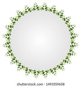 Autumn floral frame with green sprigs in circle on white background. Trend color illustration with branches. Template design for invitation, poster, card. Holiday card or congratulation. 