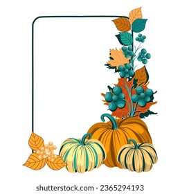 Autumn floral frame with pumpkins and leaves. Vector illustration 