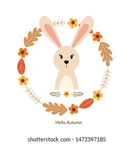 Autumn Floral Frame with a Rabbit. Autumn Floral Frame. Autumn Banner. Vector card. Illustration Vector