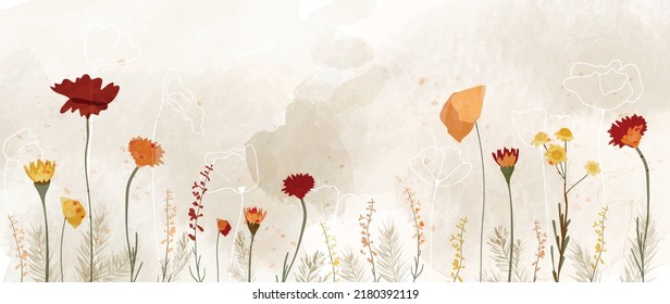 Autumn Floral Garden In Watercolor Vector Background. Abstract Wallpaper Design With Flowers, Wildflower, Line Art. Elegant Botanical In Fall Season Illustration Suitable For Fabric, Prints, Cover.