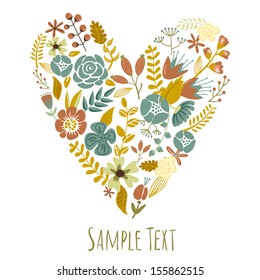 Autumn Floral Heart Card. Cute retro flowers arranged un a shape of the heart, perfect for wedding invitations ans birthday designs