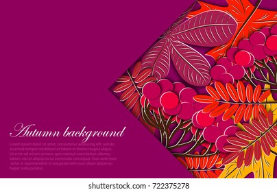 Autumn floral lilac background. Maple, chestnut leaf, rowanberry branch with decorative frame for text. Design elements for fall seasonal banner, poster, teacher's Day or Thanksgiving greeting card.