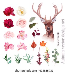 Autumn floral mix, reindeer head vector design set. Burgundy red, pink, white flowers. Peony, rose, alstroemeria lily, hydrangea, leaves and berries. All elements are isolated and editable.