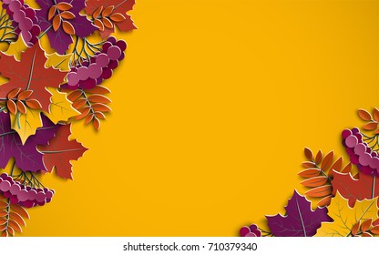 Autumn Floral Paper Background With Tree Leaves On Yellow Background, Space For Text, Design Elements For Fall Season Banner, Poster Or Thanksgiving Greeting Card, Paper Cut Style, Vector Illustration