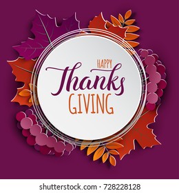Autumn floral paper frame and paper colorful tree leaves on wooden background. Autumnal design for fall season poster, flyer, web site, thanksgiving greeting card, paper cut style, vector illustration