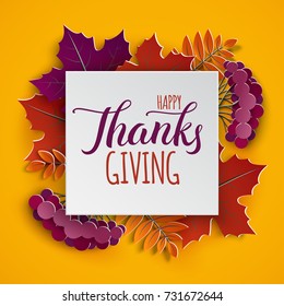 Autumn floral paper frame and colorful tree leaves on yellow background. Design for fall season poster, flyer, thanksgiving greeting card with congratulation text, paper cut style, vector illustration