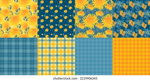 Autumn floral and plaid seamless pattern bundle. Chrysanthemum flowers rapport. Floral seamless pattern for surface design, wrap, fabric, textile, print, packing.