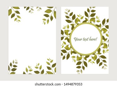 Autumn floral postcard with green sprigs in circle on white background. Trend color illustration with branches. Template design for invitation, poster, card. Holiday card or congratulation. 