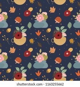 autumn floral pot seamless pattern with dark background