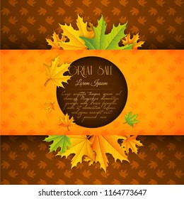 Autumn floral sale template with text in circle and realistic maple leaves on foliage background vector illustration