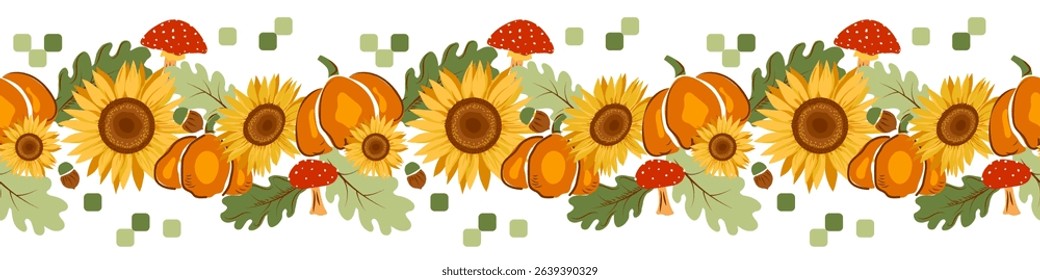 Autumn floral seamless border pattern with, sunflowers, leaves, pumpkins, acorns, and mushrooms. Harvest festival, Halloween or Happy Thanksgiving concept design. Seasonal horizontal illustration
