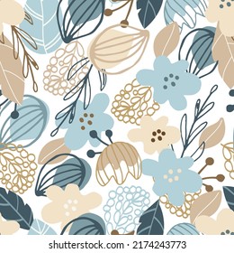 autumn floral seamless pattern. Abstract tiles in hand drawn style. Scandinavian background in earthy palette. Print for textiles, scrapbooking, wallpapers, digital paper. Vector illustration, doodle