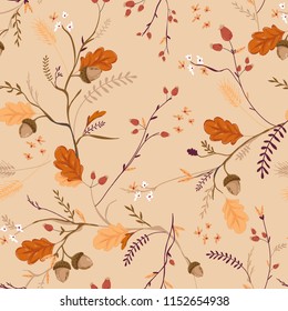 Autumn Floral Seamless Pattern with Acorns, Leaves and Flowers. Fall Vintage Nature Background for Textile, Wallpaper, Print, Decoration, Wrapping Paper. Vector illustration