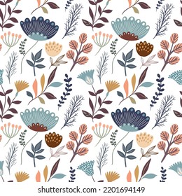 Autumn floral seamless pattern with different flowers and plants, seasonal design