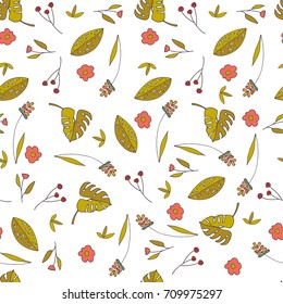 Autumn Floral Seamless Pattern with different hand drawn flowers and leaves. Cute backdrop for textile, wallpaper, gift paper, wrapping, packaging, web design, blog, apparel, etc. Vector 