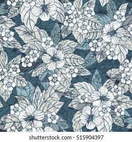 Autumn floral seamless pattern with hibiscus flowers.