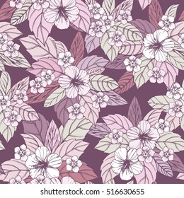 Autumn floral seamless pattern with hibiscus flowers.