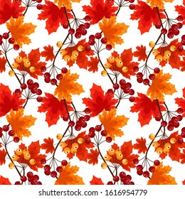 Autumn floral seamless pattern of autumn maple leaves and berries. Vector illustration.