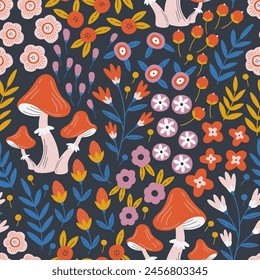 Autumn floral seamless pattern with mushrooms, berries and flowers in folk style. Beautiful fall floral repeat background. Floral print design for textiles, wrapping paper, gift paper, fabric.