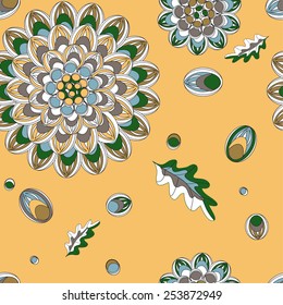 Autumn Floral Seamless pattern. Oak leaves, chrysanthemums and acorns. Golden yellow abstract vector illustration.