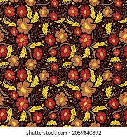 Autumn floral seamless pattern on black background. Flowers, leaves and plants. Doodle background. Fabric art