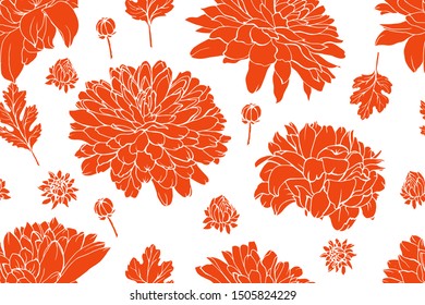 Autumn floral seamless pattern with orange color chrysanthemums on white background. Monochrome. Pattern for wedding stationary, fashion, wallpapers, greetings, web pages. Flower vector background.