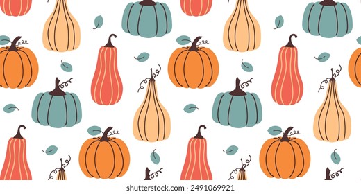 Autumn floral seamless pattern with pumpkin. Fall season vector illustration in flat design. 
