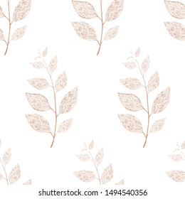 Autumn floral seamless pattern with sprigs on white background. Trend color illustration with branches. Template design for invitation, poster, card. Holiday card or congratulation. 