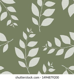 Autumn floral seamless pattern with sprigs on green background. Trend color illustration with branches. Template design for invitation, poster, card, fabric,  textile. 