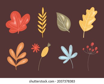 Autumn floral set, leaves, plants and berries isolated on a dark background. Vector illustration hand drawn style