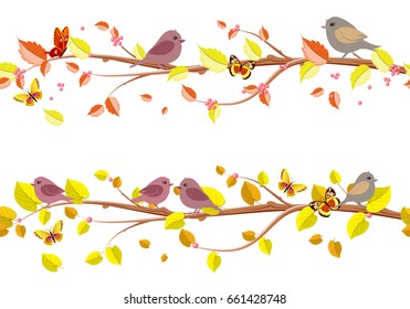 autumn floral set seamless borders with cute birds for your design 