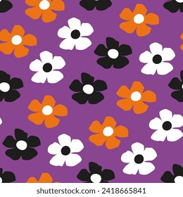 Autumn floral texture. Seamless pattern with flowers on a bright lilac background. Botanical print for jackets, outerwear, dresses, textile. Cute plvtor wallpaper with simple inflorescences. 5 petals.